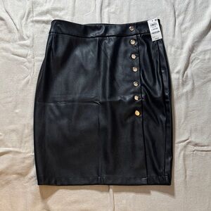 INC International Concepts Black Leather Faux Pencil Skirt with Gold Buttons NWT